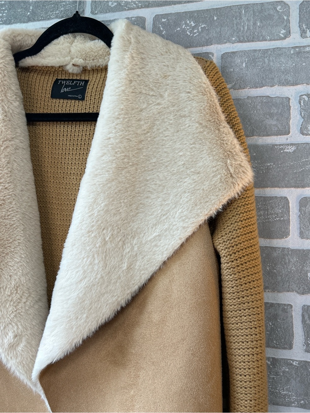 Twelfth Love Sherpa Sweater Coat Med Camel Faux Suede Cozy Open Front Cardigan - Picture 4 of 6
